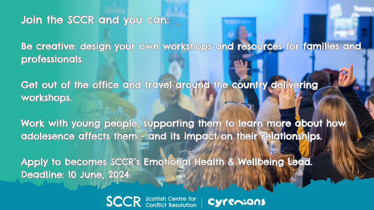 Apply for the post of SCCR’s Emotional Health &amp; Wellbeing Lead &amp; you can:
🎨Be creative.
🚗Travel around Scotland delivering workshops.
🧒Work with young people, supporting them to learn more about relationships.
The deadline for applying closes 10 June.👇
cyrenians.scot/jobs/943-emoti…
