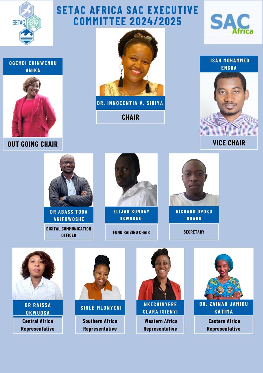 SETAC_Africa's tweet photo. Meet the SETAC Africa Student Advisory Council (SAC) 2024/2025 Executive Committee!

We are excited to introduce our new team of dedicated and passionate leaders who are committed to promoting environmental science and sustainability in Africa.

Our Executive Committee members r https://t.co/d4SdbbRI1L