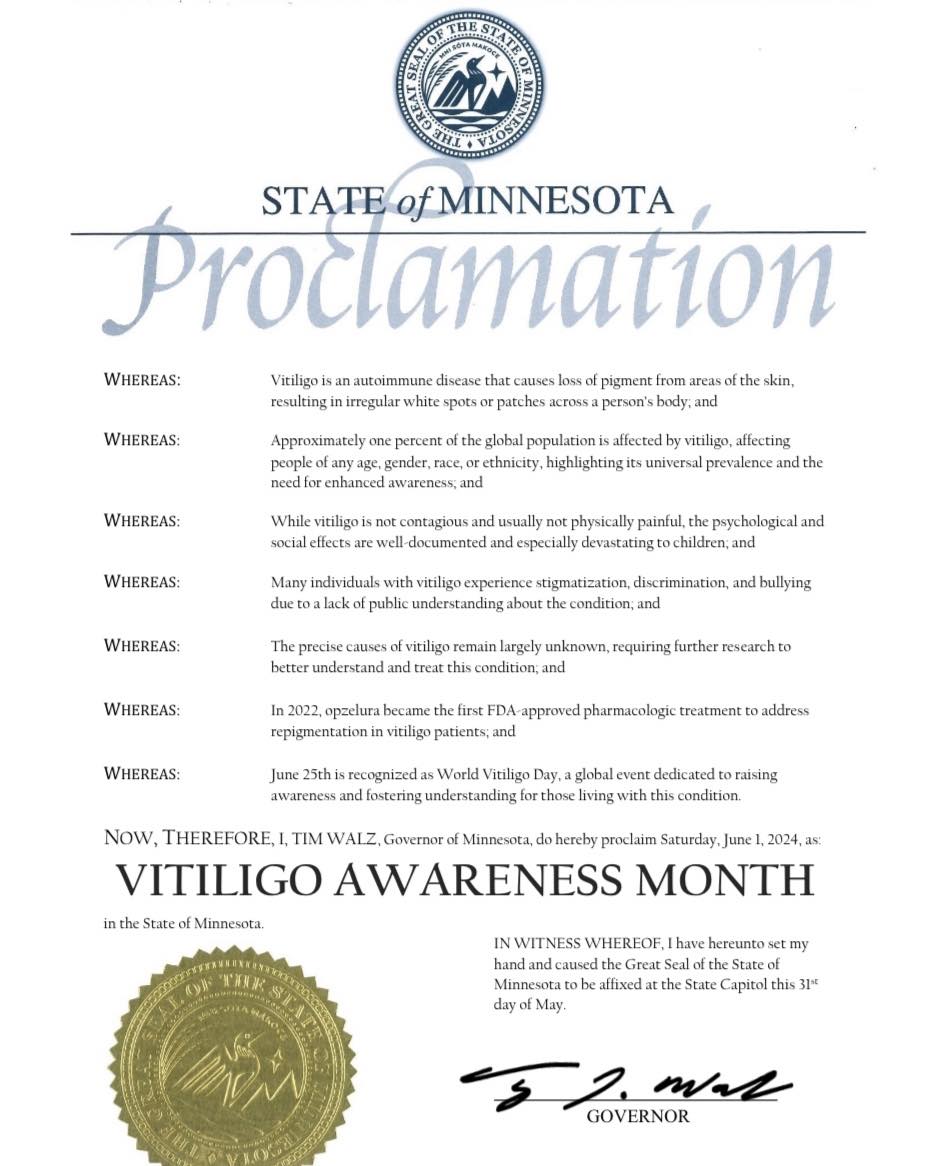 MN_vitawareness's tweet photo. ANNOUNCEMENT!! We have our 2024 MN state proclamation recognizing June as Vitiligo Awareness Month. Thank you to @GovTimWalz and @LtGovFlanagan for signing our proclamation. #vitiligo #oneminnesota #vitfriends #vitiligoawarenessmonth #worldvitiligoday #minnesota
#vitiligoworld https://t.co/uAxDnbgZiz