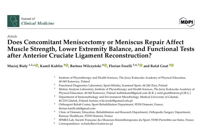 🚨 𝗡𝗘𝗪 𝗣𝗔𝗣𝗘𝗥🚨

💣 Meniscal repair or menisectomy 🔪 does not seem to influence return to sport after ACL reconstruction 🧵🪡

▶️ Strength, Balance and Functional Tests 

Free Access 🔓 mdpi.com/2077-0383/13/1…