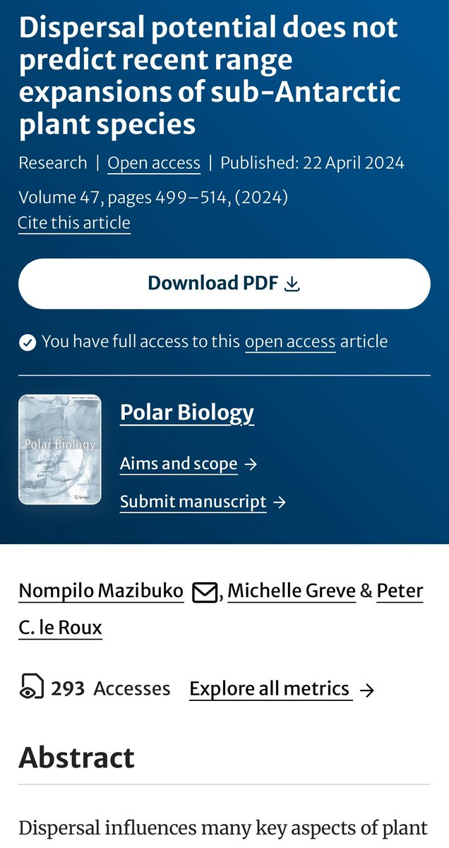 📢New publication alert 🔔
Shining a spotlight on Nompilo Mazibuko et al. (2024)'s publication in the Spring Link Journal of <a href="/SpringerNature/">Springer Nature</a> in the field of  #ecology #plantscience  on sub-Antarctic #MarionIsland. #WorldEnvironmentDay‌ 

Find paper here: link.springer.com/article/10.100…