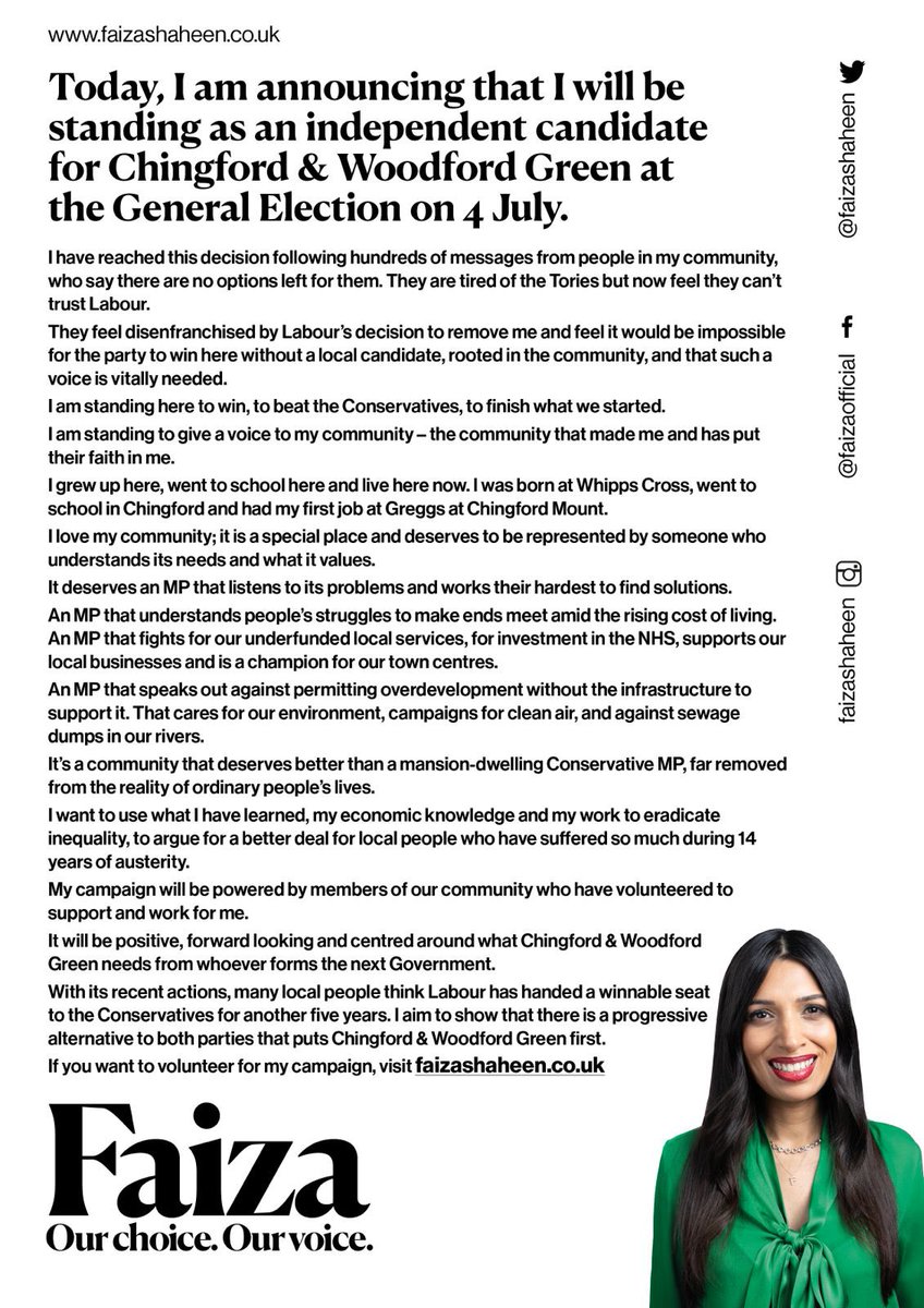 I am standing as an independent candidate for Chingford & Woodford Green at the General Election on 4 July. For more info: faizashaheen.co.uk Sign up to volunteer: actionnetwork.org/forms/help-fai… Let's do this!