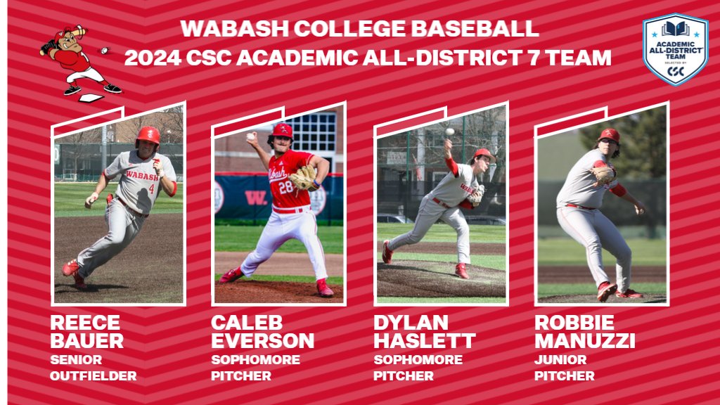 <a href="/WabashBaseball/">Wabash Baseball</a> players Reece Bauer, Caleb Everson, Dylan Haslett, and Robbie Manuzzi named to the 2024 College Sports Communicators Academic All-District Team.

bit.ly/3Kt02NF

#WAF