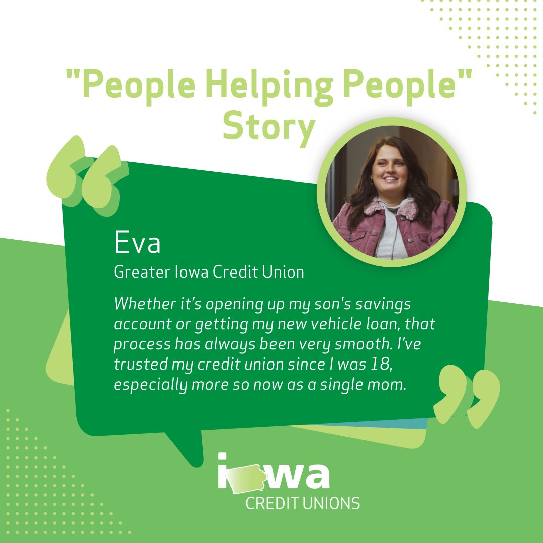 icul's tweet photo. Thank you, Eva, a member at @GreaterIowaCU, for sharing your #CUstory. With the help of her credit union, Eva could easily open a savings account for her son, get a new vehicle loan and appreciate the smooth process. View other CU stories at https://t.co/tGbvFbdsAv https://t.co/pdnAUmQHkw