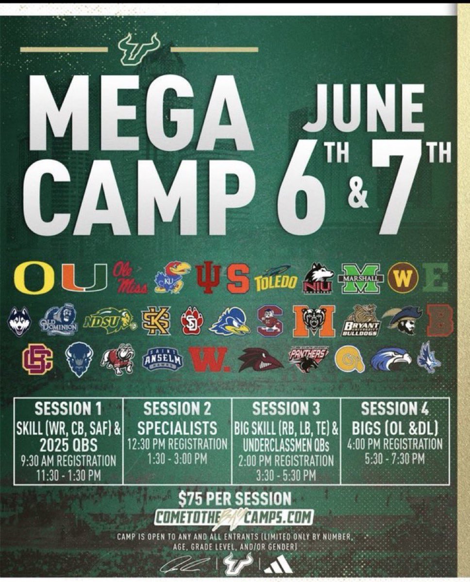 MaxWilson2025's tweet photo. Excited to be back on campus tomorrow for the @USFFootball Mega Camp! Thank you to @CoachMajewski for the Invite!
@CoachXBolden @CoachSettlemire @SHS_Gryphons @Kyle_Jolly @CoachJeffGarner @KornblueKicking @ChadCreamer21 https://t.co/Kk29GkzS3j