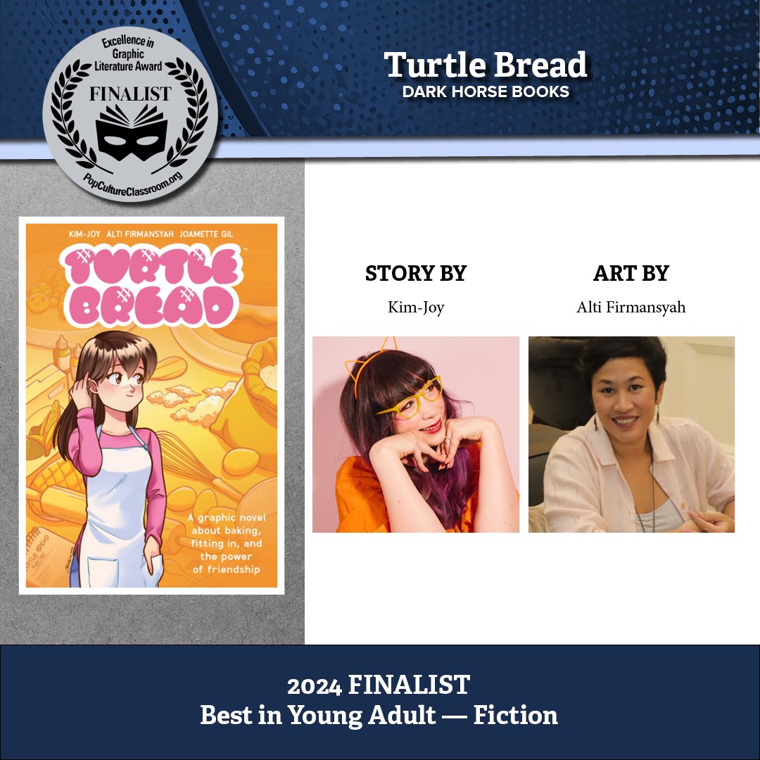 Congratulations to <a href="/kimjoyskitchen/">Kim-Joy</a> and <a href="/altifirmansyah/">ALti</a>--their graphic novel, Turtle Bread, was named a Finalist in <a href="/PopClassroom/">Pop Culture Classroom</a> 2024 Excellence in Graphic Literature Awards for best in Young Adult Fiction! See more: bit.ly/4bNes78