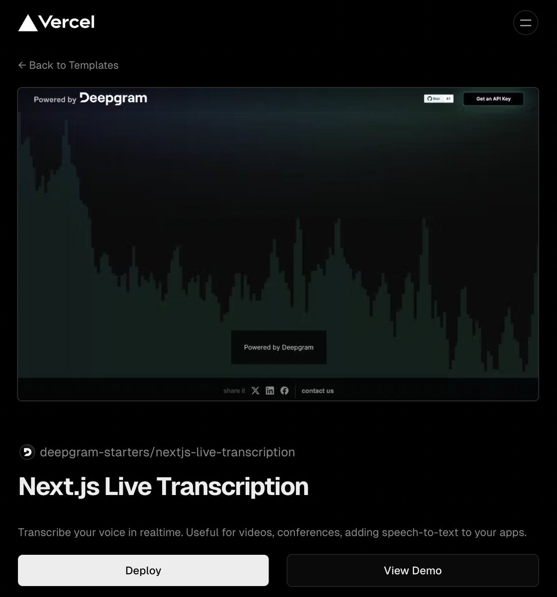 <a href="/lukeocodes/">🦋 bsky: lukeocodes.dev</a> recently released a live transcription Template in the <a href="/vercel/">Vercel</a> Template library! Transcribe your voice in real time here:

Link: vercel.com/templates/next…