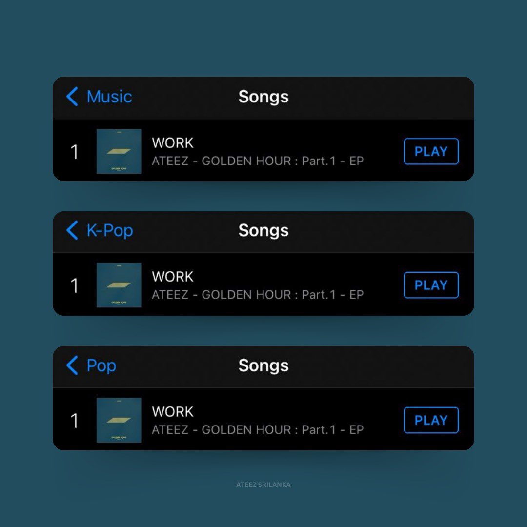 AteezSrilanka's tweet photo. ITunes Sri Lanka 🇱🇰 (12:00AM KST)

‘WORK’

Kpop ㅡ 1 (NEW)
Pop ㅡ 1 (NEW)
Overall ㅡ 1 (NEW)

#ATEEZ #에이티즈   @ATEEZofficial 
#GOLDENHOUR #GOLDENHOUR_Part1 #WORK https://t.co/Kg7GJbpAbL