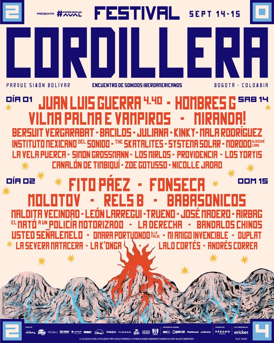 ¡Resuena la Cordillera! Ya esta aquí el cartel por días de este carnaval. A celebrar lo que somos, a cantar los himnos y a bailar como nunca, porque somos: ¡LATINOS! ⛰️☄️

🎟️ Entradas ya disponibles para clientes de <a href="/xperienciasaval/">Experiencias Aval</a> en eticket.co