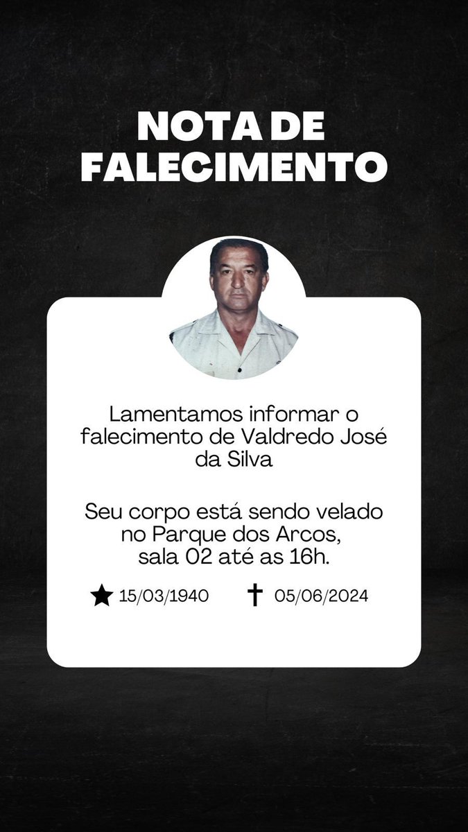sinprfpe's tweet photo. É com enorme pesar que o SINPRF-PE vem informar o falecimento do Sr. Valfredo José da Silva.

Seu sepultamento já está sendo realizado na sala 2 do Parque dos Arcos, até as 16h.

+ https://t.co/W1tqTxsDvt