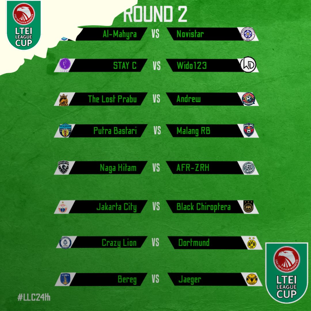 LTEILeagueCup's tweet photo. @LigaTopEleven @juhanda_fpl @NovistarHSC @Novistar_STAYC @Jogja1Cyber @Wahyuwidd1 @Tello_fc @EXPLORE_IDD @GalurRayaFc @PutraBastariFC @Azol1mg @MALANGREDBULL @fc_zrh @Novistar_Aespa @JakartaCityFC @Cilalawak_Utd @BlackChiroptera @PParpunguan @ViventoFC @scberegunited @ExavUnited @Jaeger_SV LLC 24
Round 2
16 tim tersisa dan siap bersaing di Ronde 2 LLC ke 2โฃ4โฃ๐
#LLC24th https://t.co/5YOlRWLSWp