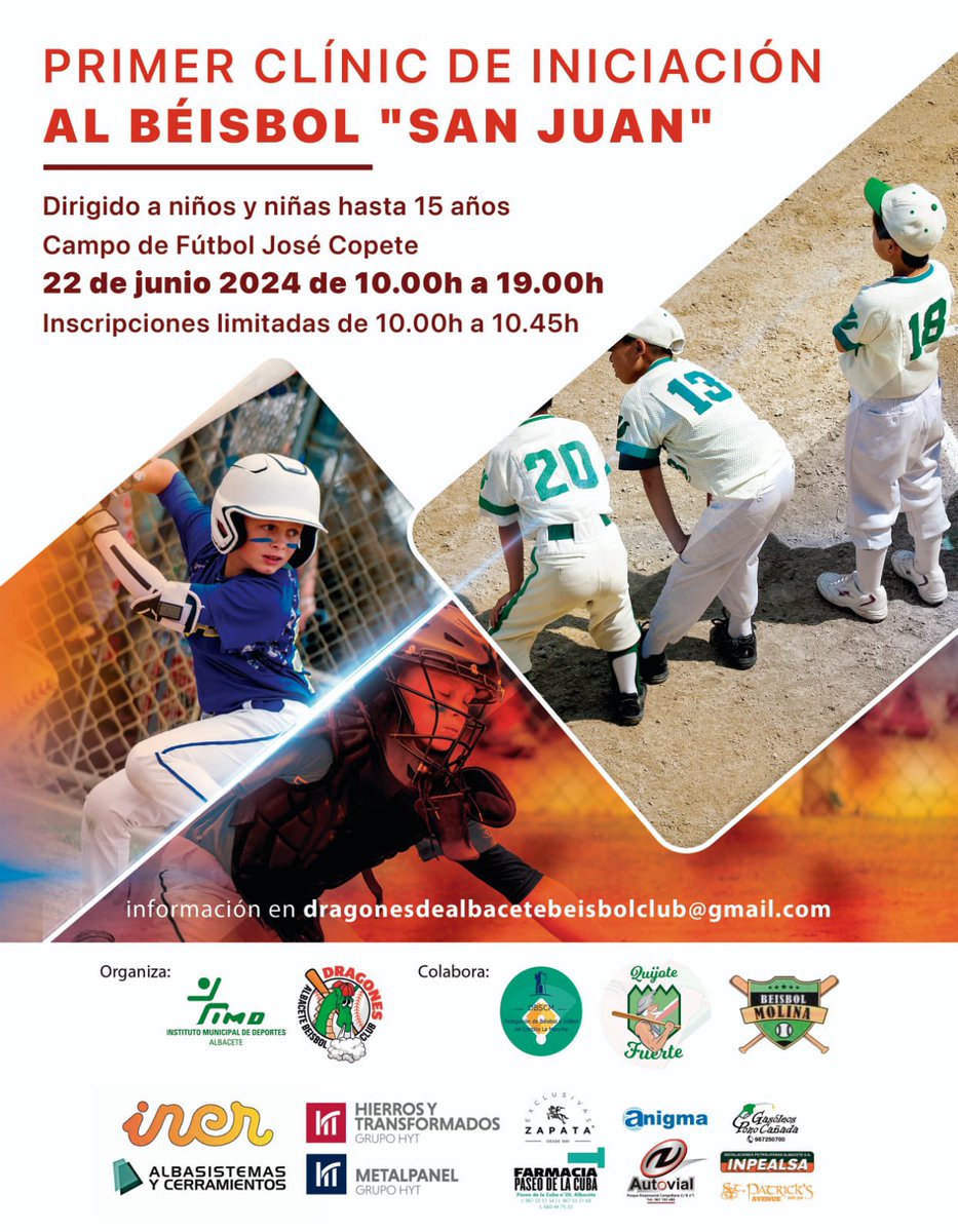 AytoAlbacete's tweet photo. 📣📣Villaescusa anima a los albaceteños a participar en el I Clínic de iniciación al béisbol ‘San Juan’ como primer paso para recuperar este deporte en nuestra ciudad⚾️

🗓️22 junio
⏰10:00 a 19:00 h
📍Campo de fútbol ‘José Copete’
ℹ️Dirigido a niños y niñas de hasta 15 años https://t.co/Ure2PspK4x