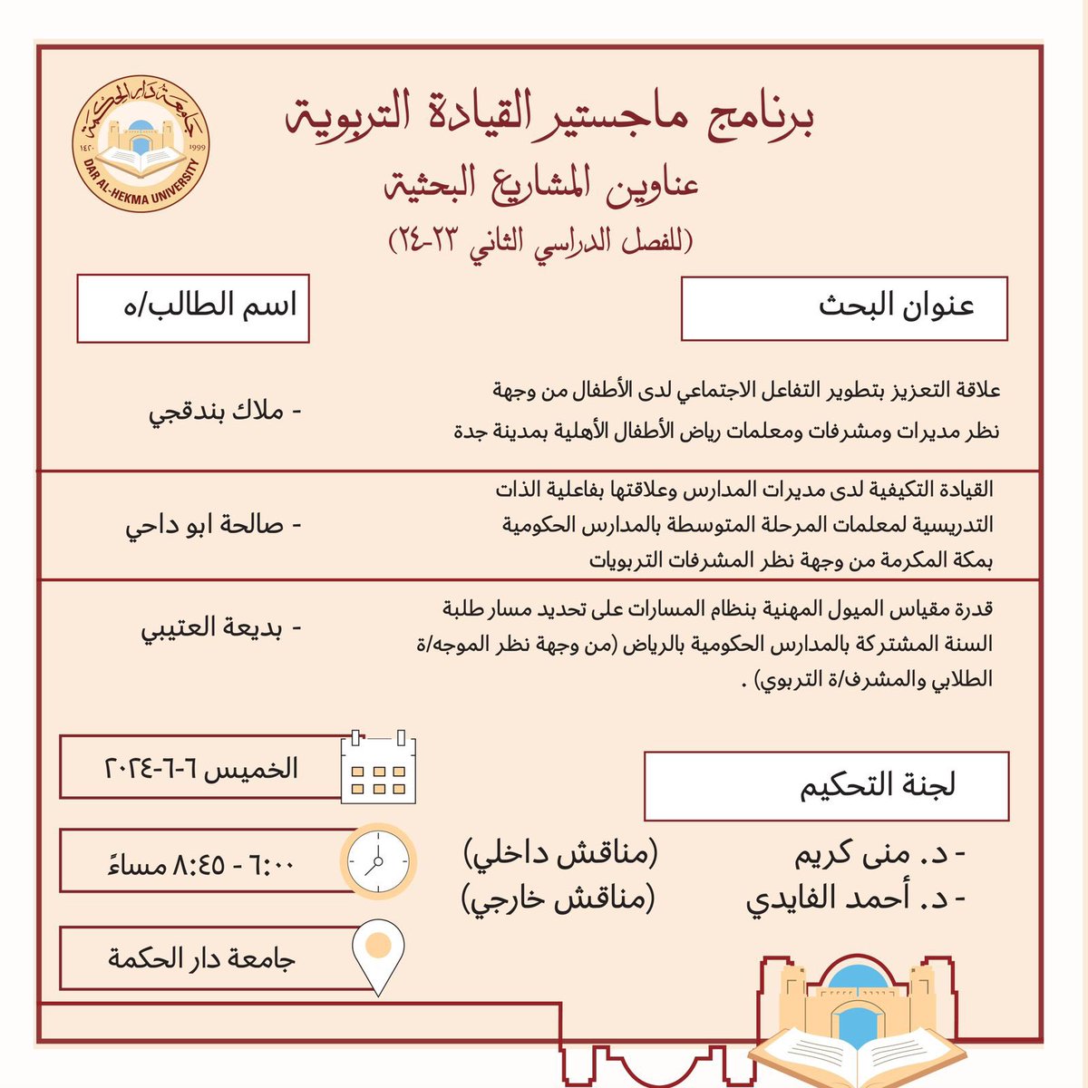 DAHUniversity's tweet photo. مناقشة رسالة طلبة ماجستير القيادة التربوية بجامعة دار الحكمة يومي الخميس والسبت. 
مع تمنياتنا لهم بالتوفيق وتحقيق طموحاتهم بما ينفعهم وينفع مجتمعهم وبلادهم.
#دار_الحكمة https://t.co/Zq8pQzZffA