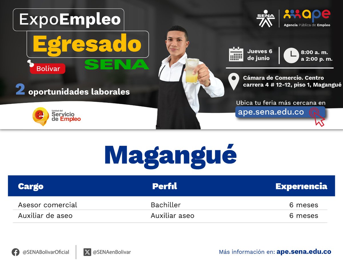 SENAenBolivar's tweet photo. #EgresadoSENA eres nuestro invitado este jueves 6 de junio💚. @SENAenBolivar realizará Expompleo Egresados 2024. Hay 210 vacantes para asesor comercial, soldador, vigilante y otros en Cartagena y Magangué; muestras comerciales, talleres y 5º Encuentro de Egresados. #SENAesEmpleo https://t.co/Fb3BKqeWJB