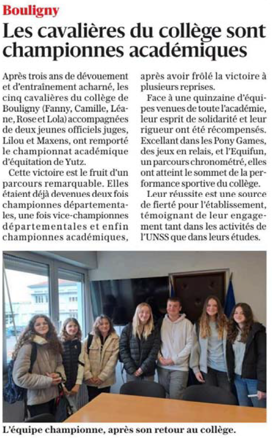 La presse parle de nous ! 📰 Petit retour sur la superbe performance de nos cavalières 🐴 et JO ⏱️ du <a href="/clgBouligny/">Collège de Bouligny</a> début avril ! Une équipe soudée, compétente et qui n'a rien lâché ! 💪CHAMPION D'ACADÉMIE ! Une belle histoire🥇🤩<a href="/unss/">UNSS_National</a> <a href="/unss_54/">UNSS 54</a> <a href="/unssncymtz/">UNSS_Nancy-Metz</a> <a href="/deptmeuse/">Département Meuse</a> <a href="/acnancymetz/">Académie de Nancy-Metz</a>