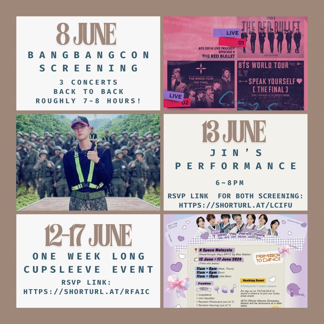 kspacemy's tweet photo. BTS 11th Anniversary Cupsleeve Event
•8th June BBC Live Screening
•13th June Jin Festa Performance

📍K Space Malaysia
🗓️8th / 13th June 2024

Pre-register ur interest at the link below:
🔗 https://t.co/VTr3gwRB45
*Freebies - cupsleeve x1; BTS Theme Phone Charm x1 https://t.co/iIy1CgJ8Eg