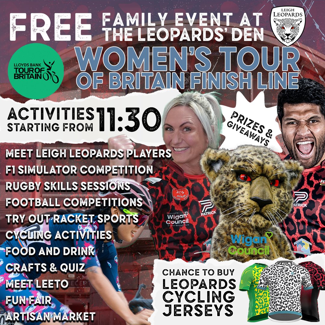 LeighLeopardsRL's tweet photo. 🚴‍♀️ 𝗪𝗢𝗠𝗘𝗡'𝗦 𝗧𝗢𝗨𝗥 𝗢𝗙 𝗕𝗥𝗜𝗧𝗔𝗜𝗡 𝗔𝗧 𝗧𝗛𝗘 𝗟𝗘𝗢𝗣𝗔𝗥𝗗𝗦 𝗗𝗘𝗡

Don't forget there's a brilliant day of FREE activities at @lsvstadium tomorrow from 11:30am.

🐆 Meet players
🏉 Skill sessions
🏎️ Race @derek_beaumont
🚴‍♀️ Women's Tour of Britain finish