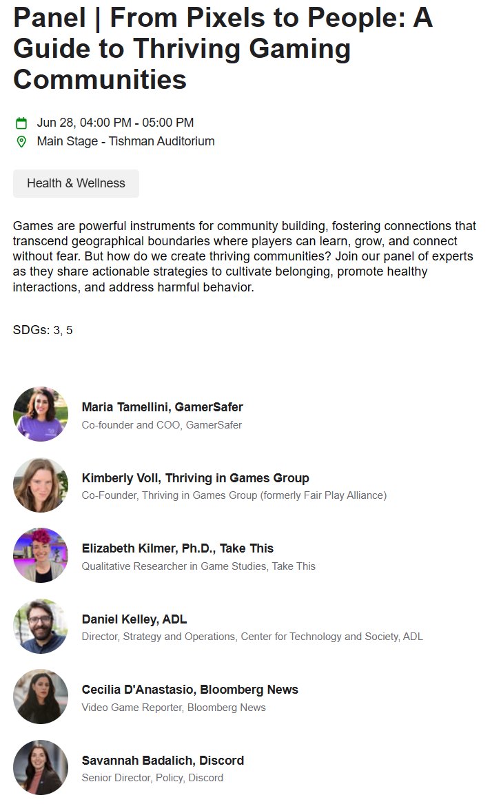 I'll be moderating this absolutely stacked panel at Games for Change <a href="/G4C/">Games for Change</a> later this month: From Pixels to People. It's about addressing harmful behavior in games and cultivating thriving communities. 6/28 at 4-5pm ❤️