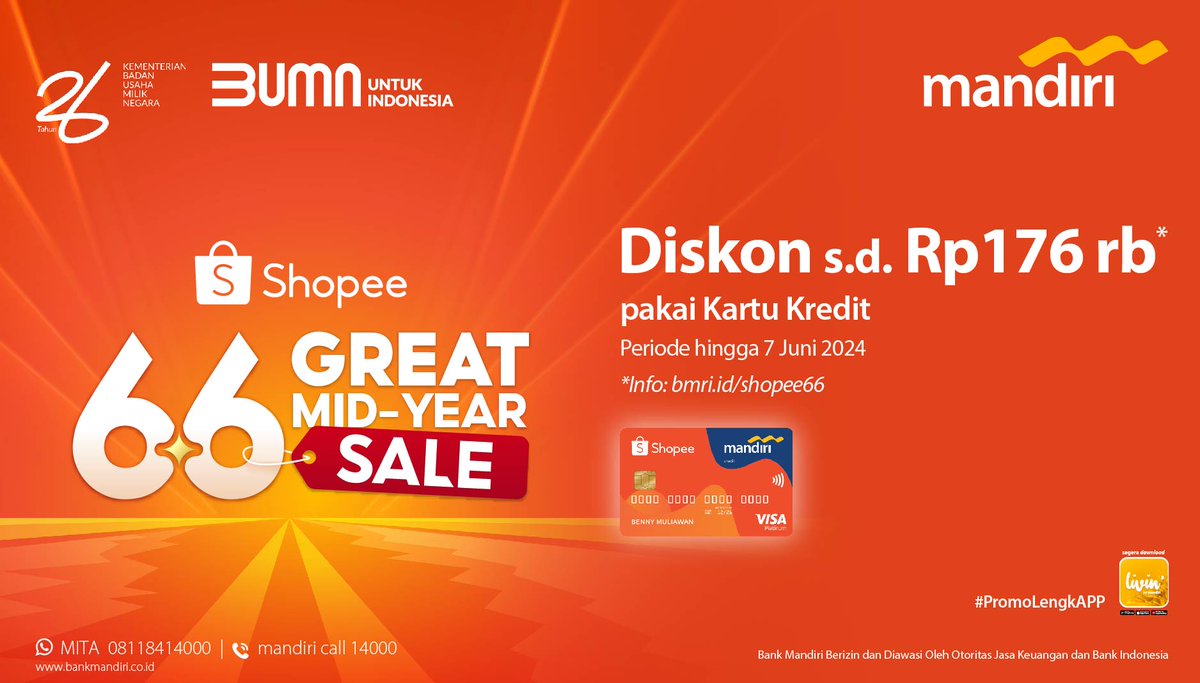 mandiricard's tweet photo. Udah siap Great Mid-Year Sale Shopee 6.6 besok? π€©
Jangan langsung checkout! Karena dengan transaksi menggunakan Mandiri Kredit Card, kamu bisa dapatkan diskon s.d. Rp176 ribu loh!
Cek info promonya di https://t.co/2juPldZTGk
#MandiriKreditCard
#PromoLengkAPP
#BankMandiri https://t.co/3q5l1y5Y4m