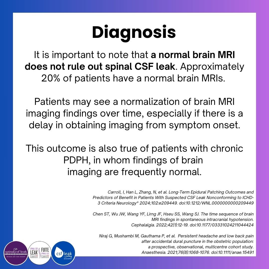 spinalCSFleak's tweet photo. Day 4 of #leakweek is about the challenges of diagnosis & diagnostic testing. We share the diagnosis tools here in detail, & note normal imaging doesn’t rule out a spinal CSF leak.
Each prompt, correct diagnosis clarifies the path to treatment & the chance of a durable cure. https://t.co/sM6kl3BoX2