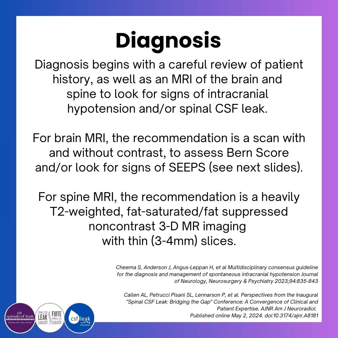 spinalCSFleak's tweet photo. Day 4 of #leakweek is about the challenges of diagnosis & diagnostic testing. We share the diagnosis tools here in detail, & note normal imaging doesn’t rule out a spinal CSF leak.
Each prompt, correct diagnosis clarifies the path to treatment & the chance of a durable cure. https://t.co/sM6kl3BoX2