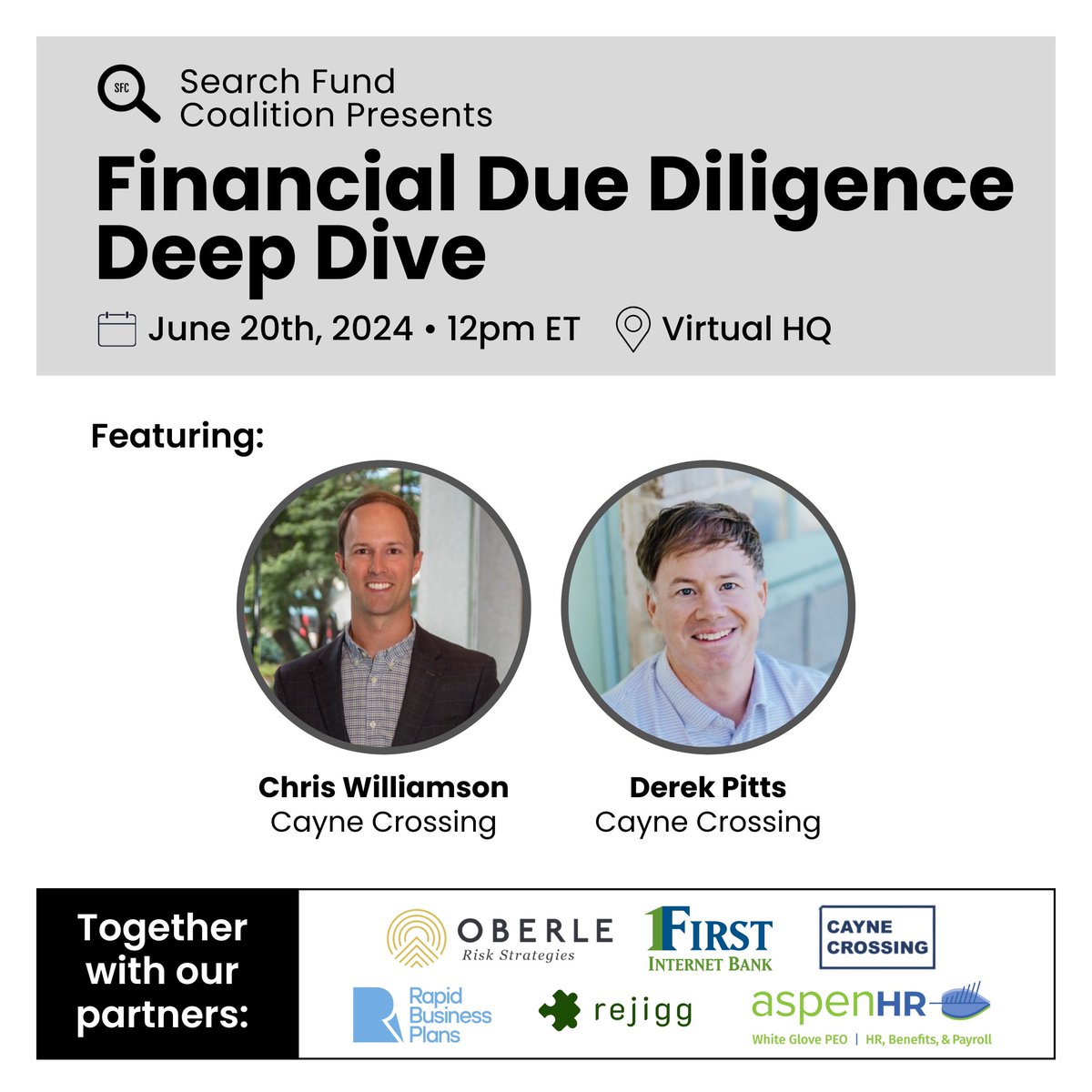 🚨SFC June Virtual Event Alert: Financial Due Diligence Deep Dive 6/20 lu.ma/sfcdeepdive624 Discount code: thanks to @aspenhr: ASPEN624 Looking forward to hearing <a href="/Chris_CayneQofE/">Chris Williamson</a> and <a href="/Derek_CayneQofE/">Derek Pitts</a> break down financial due diligence and answer YOUR questions! #bethere