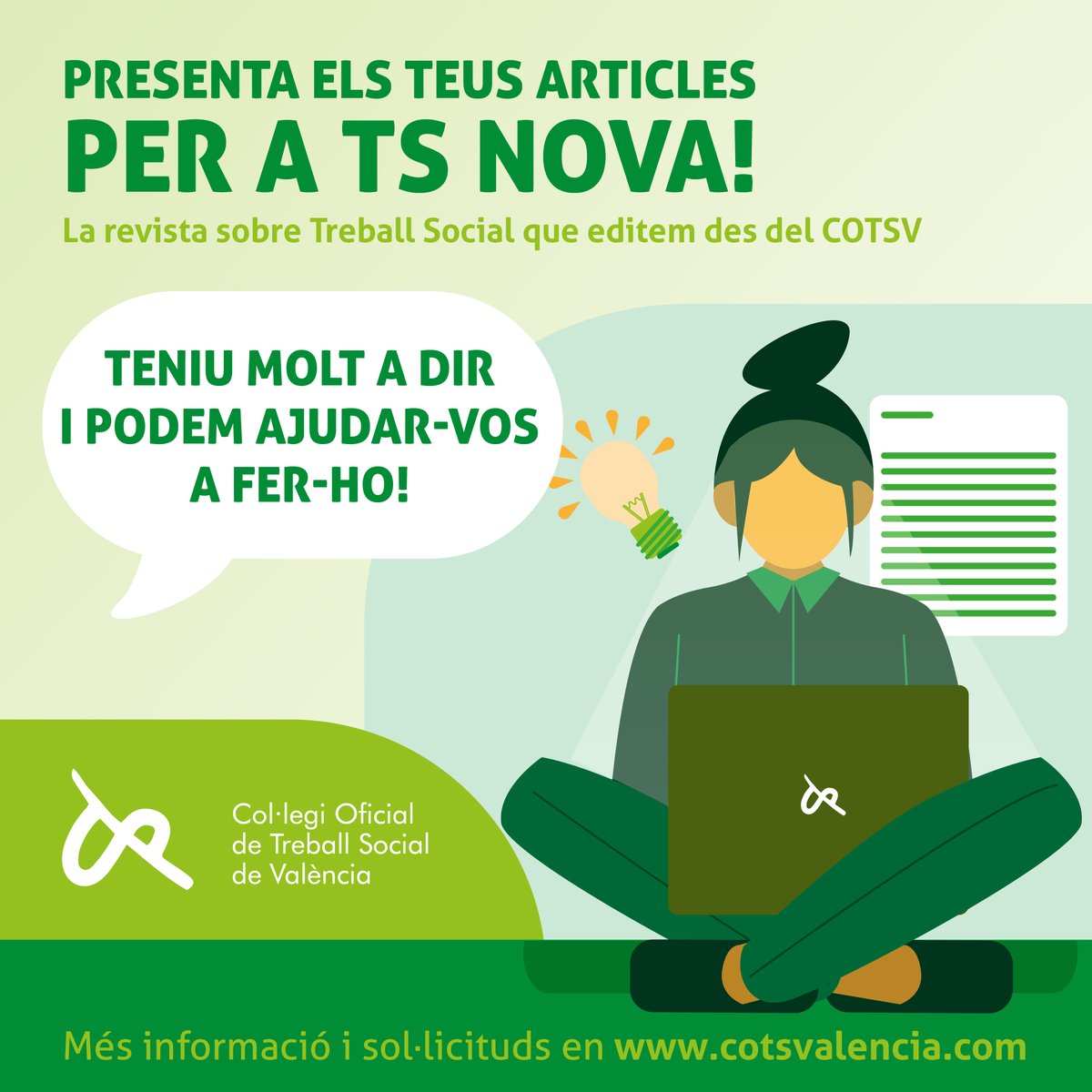 COTSvalencia's tweet photo. #TSNova 🟢📖
Esperem els vostres articles per al núm. 20 de la nostra revista! Una eina al vostre abast per a promoure el millor #TreballSocial! 😉
"A fons", "Pràctica", "Lliure"... Consulta les seccions i ompli el formulari en el nostre espai web ➡ https://t.co/uMPJZlD1bt https://t.co/sMVgid9cZW