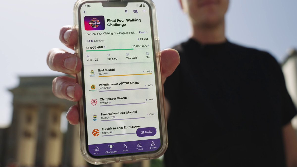 EuroLeague's tweet photo. For another year, EuroLeague Final Four promoted sustainable transport and healthy habits in Berlin with @walk15_app through a Walking & Biking Challenges 🚴 

Over 11,000 fans from 45+ countries tracked 184 million steps and cycled 11,070 km from May 24-26. 

Together, we're working for a greener future 🤝 

#StepIntoMotion