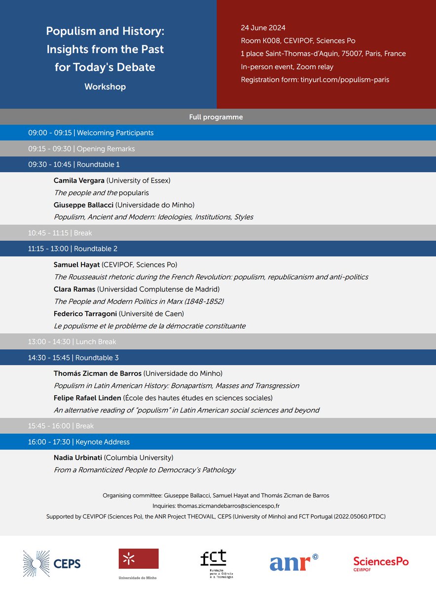 Work shop CEPS <a href="/CEVIPOF/">CEVIPOF - Sciences Po</a>
"Populism and History: Insights from the Past for Today's Debate"

📆 24/06 à 9h
📍Sciences Po 1 place St Thomas 75007
Registration : tinyurl.com/populism-paris

<a href="/sciencespo/">Sciences Po</a> <a href="/ScPoResearch/">Recherche SciencesPo</a>