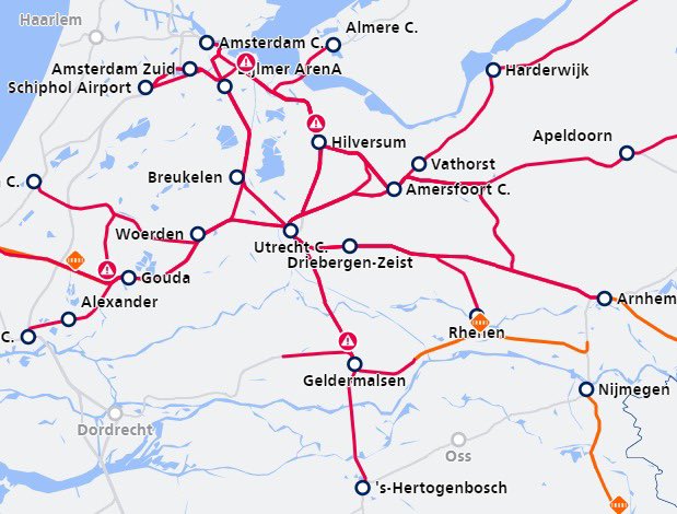 Всегда интересно как нидерландским железным дорогам удается так плохо работать. Сегодня, например, просто остановили движение по главным направлениям страны 🙂‍↔️