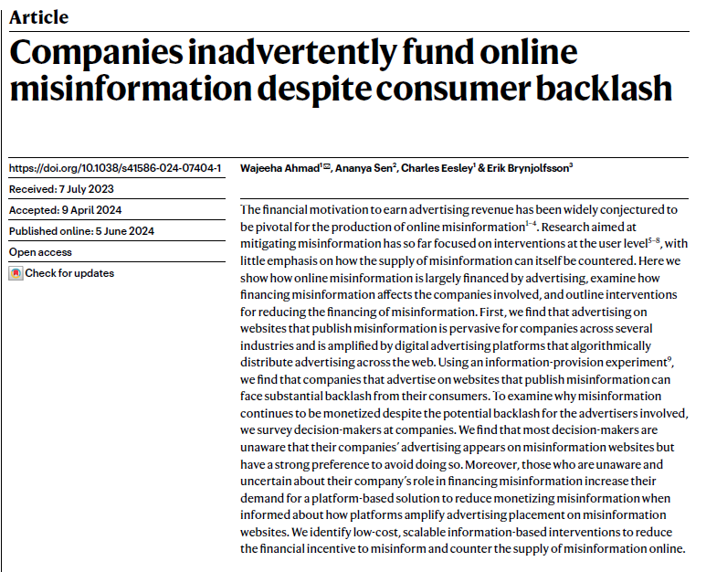 I'm excited to share the first paper from my PhD work published today in Nature.

We study how misinformation is financially sustained and the role that companies and platforms play in financing it.

nature.com/articles/s4158…