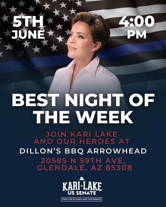 DillonsKCBBQ's tweet photo. Join us TONIGHT with our local heroes and @KariLake at Dillon's KC BBQ Arrowhead! Begins at 4 pm. 
#KariLake #ussenate #heroes https://t.co/MlH1k9LAj5