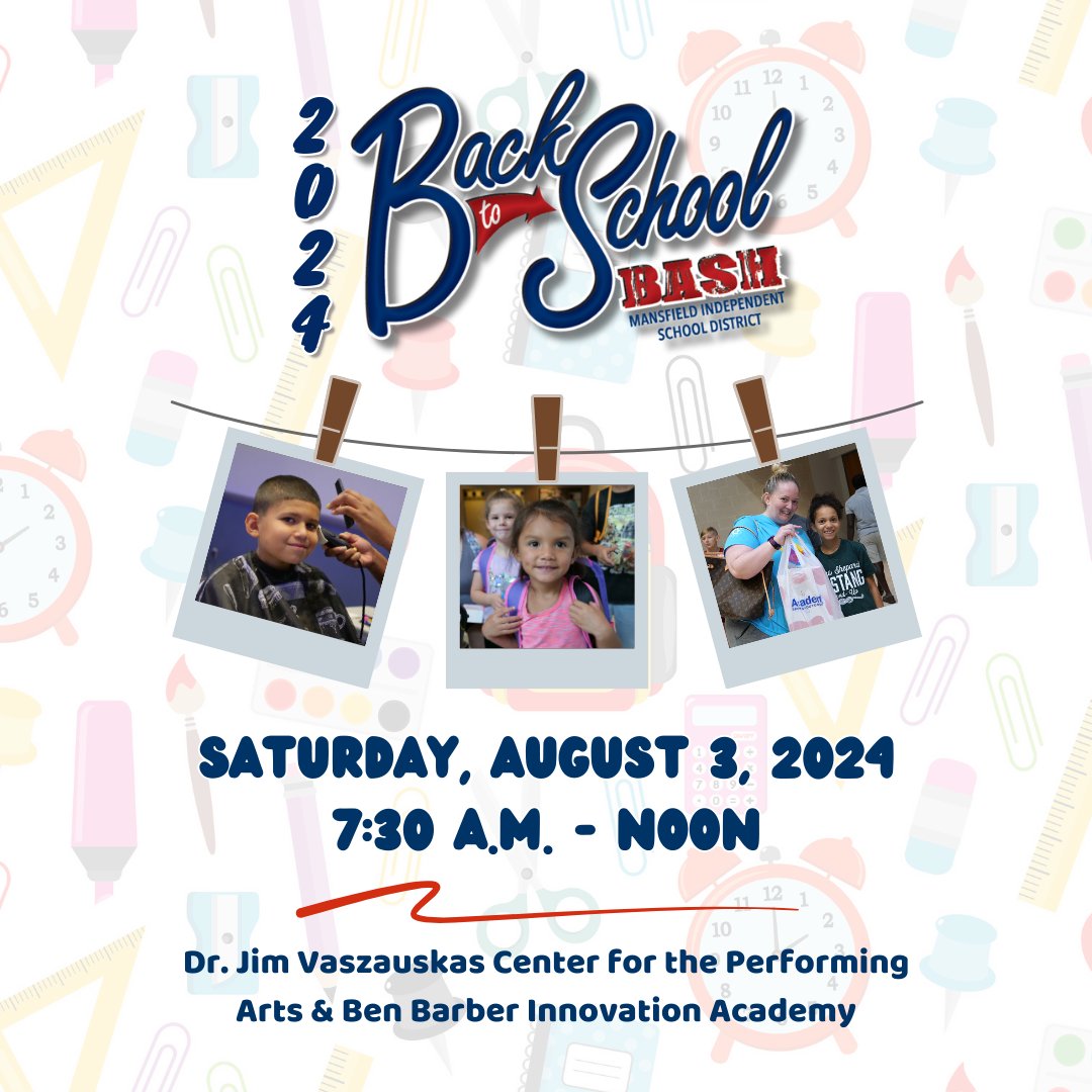 Don't miss MISD's 9th annual Back-to-School Bash on Aug. 3! Join as a sponsor or vendor and reach over 10,000 attendees. 

Funds raised provide free backpacks, school supplies, shoes, and more for our students. 

Register now: mansfieldisd.org/student-centra…