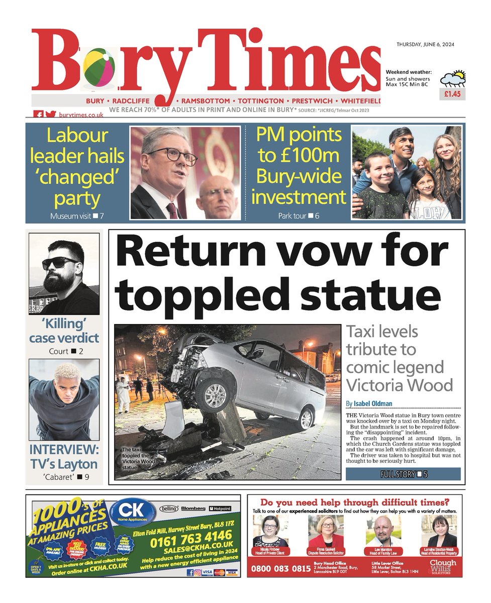 RJKDuggan's tweet photo. Front page of this week's @BuryTimes on sale Thursday📰 

#TomorrowsPapersToday #Bury #Radcliffe #Ramsbottom #Tottington #Prestwich #Whitefield #BuyAPaper #LocalNewsMatters #Newsquest #BuryFC #VictoriaWood #DDay #NSPCC #ChildhoodDay #GeneralElection https://t.co/mlbGyf4x5f