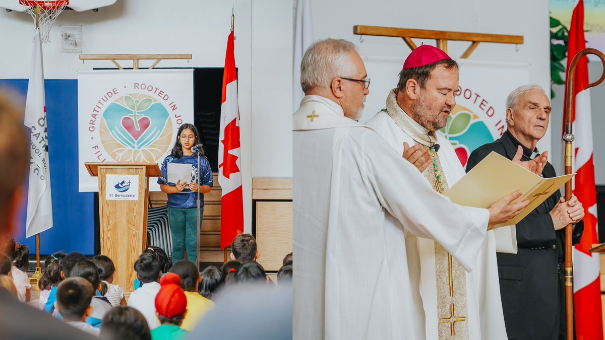 OttCatholicSB's tweet photo. ✝️@BernadetteOCSB celebrated its official school blessing with Fr. Yvan Mathieu, Auxiliary Bishop of Ottawa-Cornwall, Fr. Gerard Monaghan, Monsignor Joseph Muldoon, and other special guests. The gym was filled with joyful students and a choir performance directed by Ms. Sande.🌟 https://t.co/ipevE6lrYw