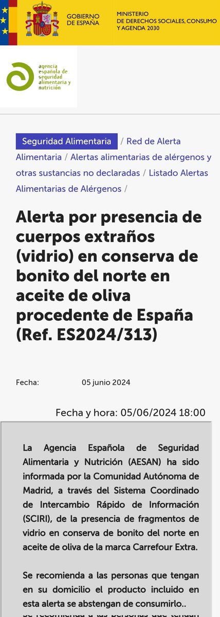 AESAN_gob_es's tweet photo. ⚠️ Alerta por presencia de cuerpos extraños (vidrio) en conserva de bonito del norte en aceite de oliva.
🚫 No consumir 
📌 https://t.co/FS12qkxOty https://t.co/V3IMUqma0O
