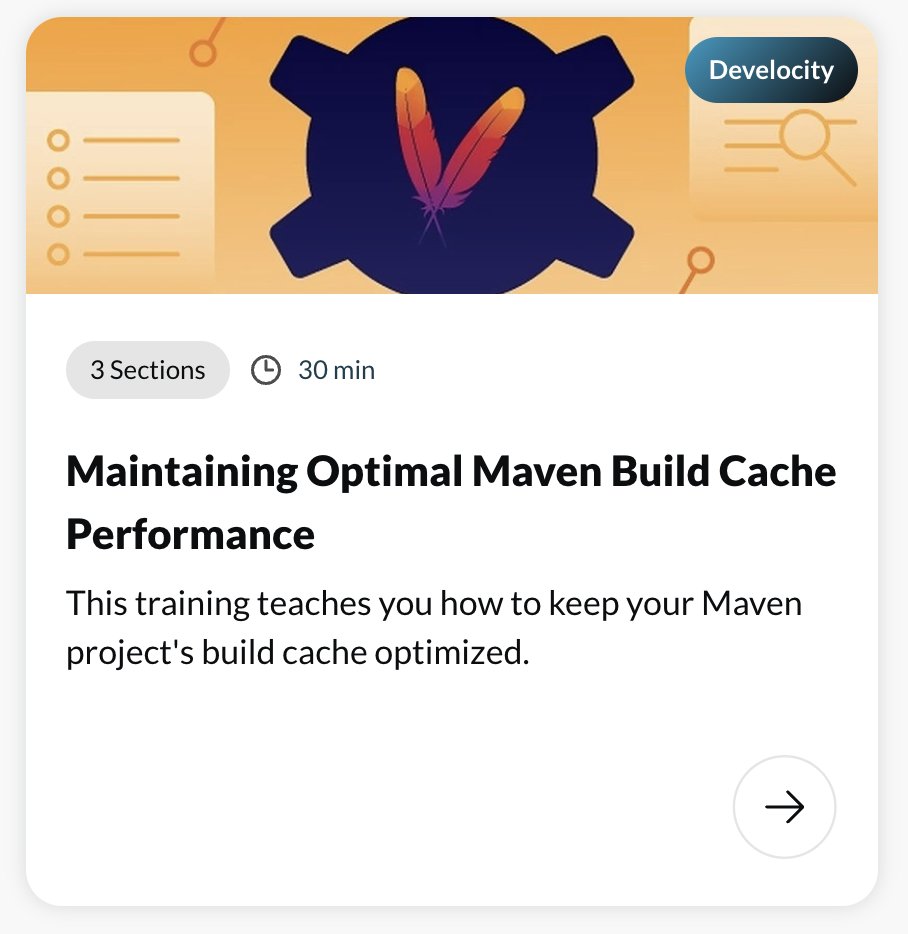 Using <a href="/ASFMavenProject/">🦉 Apache Maven</a> and wish you could use a build cache? 

Want to learn more about build caching and how to maintain performance long-term?

Check out these two new free courses on #DPEUniversity in our #Maven learning path!

dpeuniversity.gradle.com/app/courses/f7…

dpeuniversity.gradle.com/app/courses/2a…