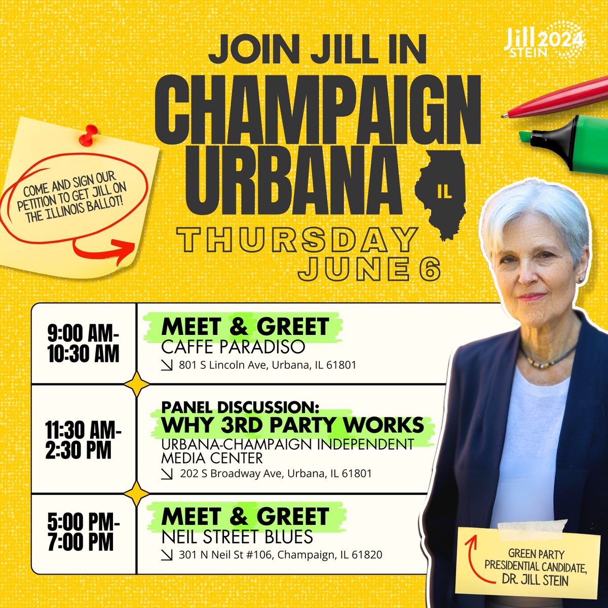 We've got THREE public events in Champaign-Urbana! Join us in Illinois this Thursday and learn about the only real choice on the ballot for a just economy for working people, an end to endless war and genocide, and a livable future for our children! RSVP: jillstein2024.com/champaignurbana
