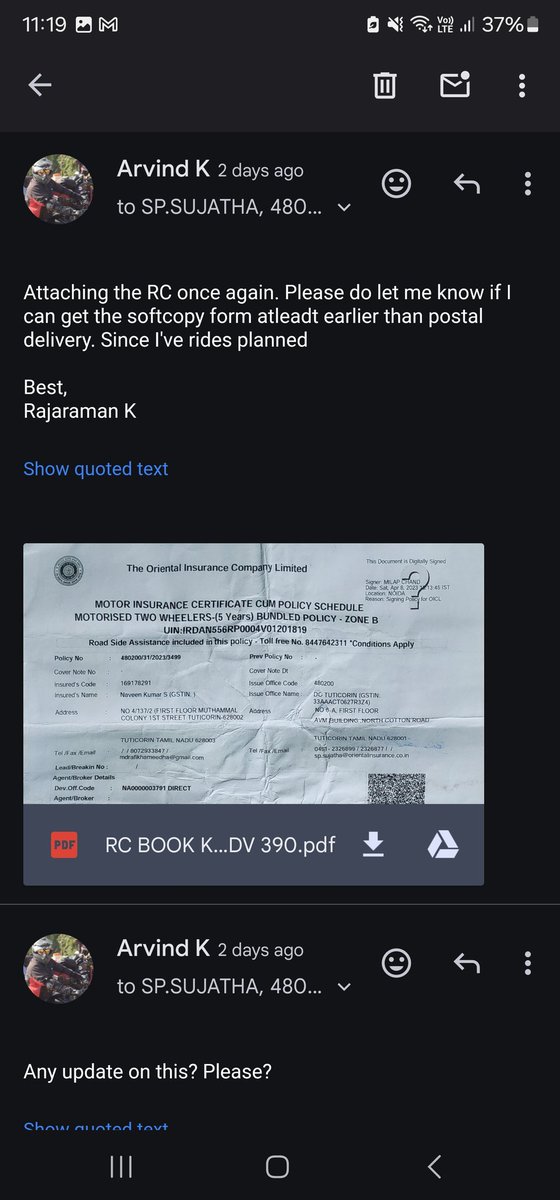 ArviKRaj's tweet photo. I wanted to transfer the liability insurance. ZERO CUSTOMER CARE AND RESPONSE FROM YOUR CUSTOMER REPRESENTATIVE from Tutucorin office @oiclinsurance @orientalins @oicl_csd reply after reply, b2b calls in last 4days! You're an insurer right? Courtesy to save lives? Where's it? https://t.co/moKsQCXWRR