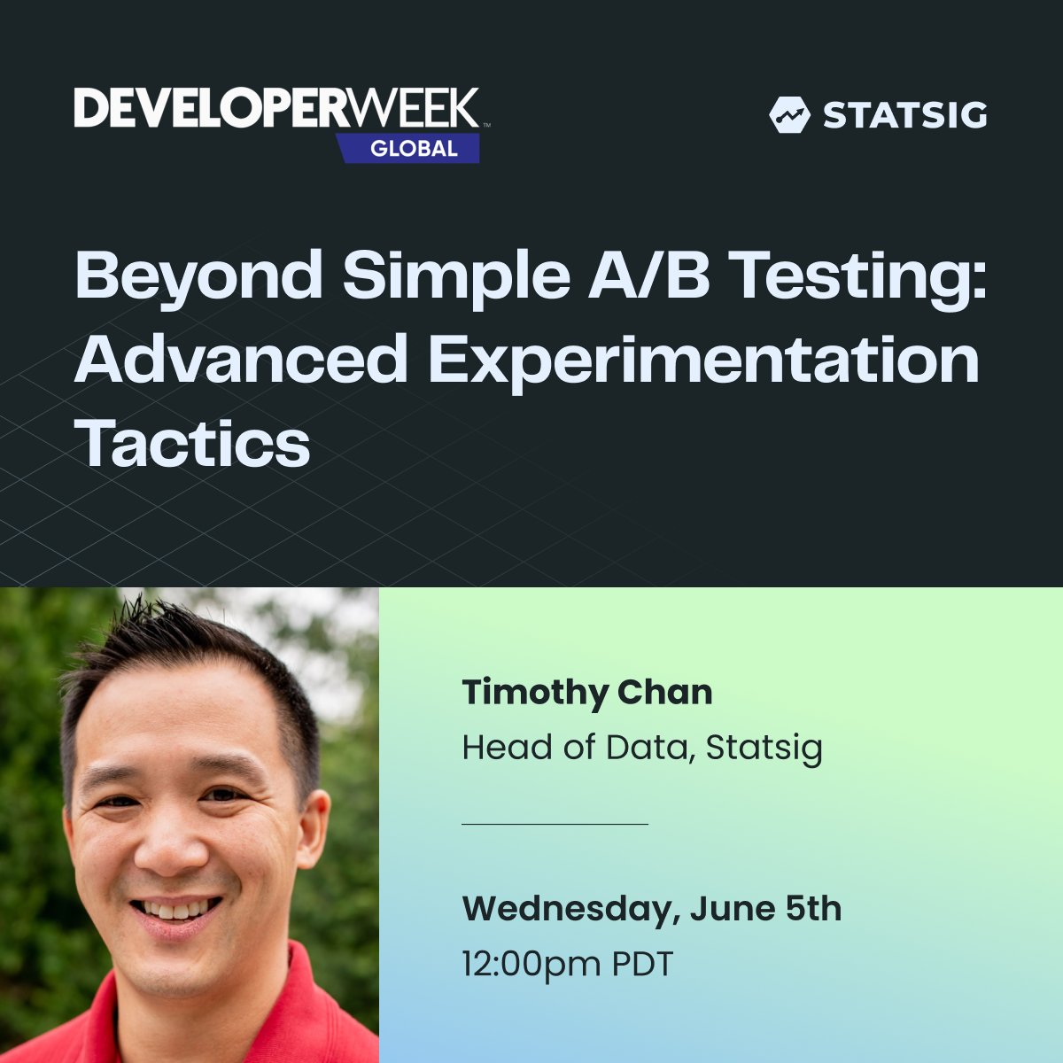 statsig's tweet photo. Are you registered for #DeveloperWeekGlobal?!
Tune into today for our very own Head of Data, Timothy Chan, as he covers beyond the basics of A/B Testing ๐จ๐ปโ๐ฌ
@DeveloperWeek @trchan1 https://t.co/p5uRJTfXlB