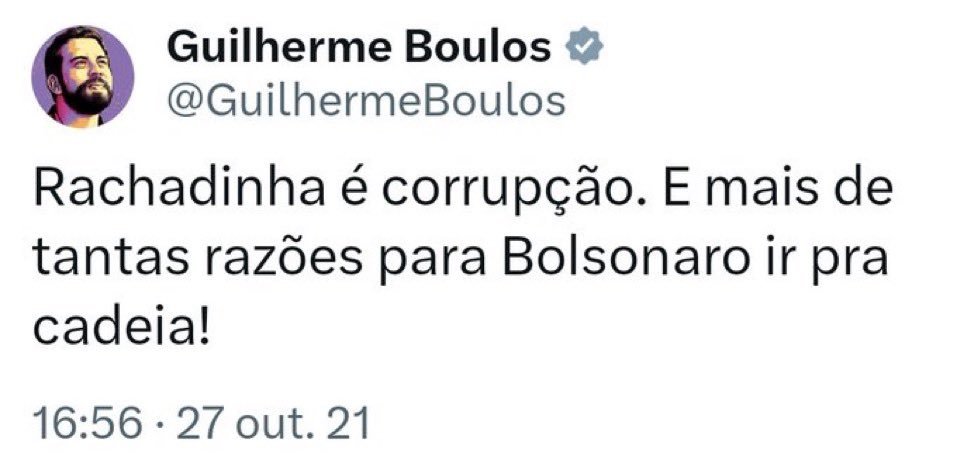 O <a href="/GuilhermeBoulos/">Guilherme Boulos</a> acaba de arquivar o pedido de cassação do André Janones por rachadinha. Boulos também é autor desse tweet aqui: