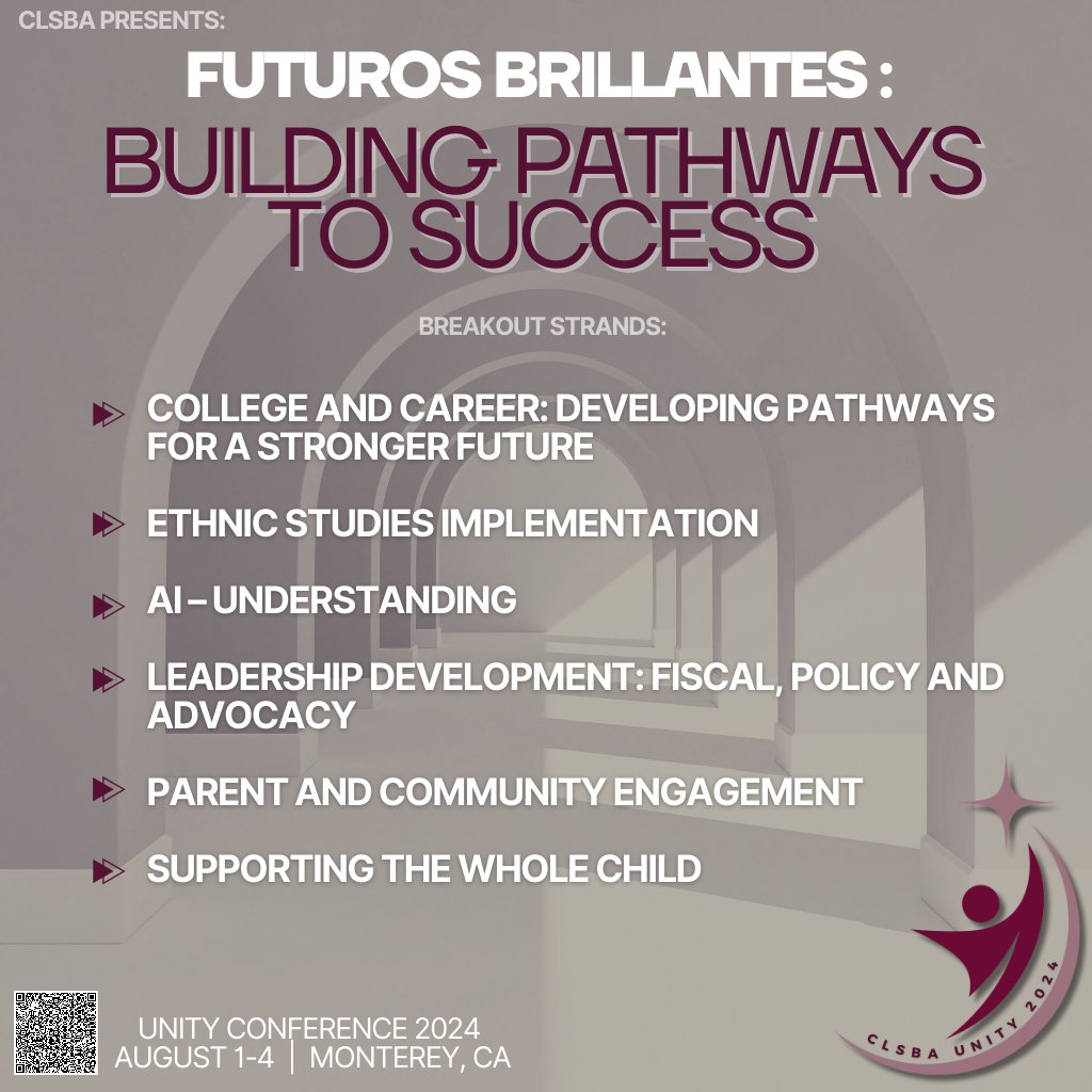 CLSBA's tweet photo. We're excited to announce the breakout strands for #CLSBAUnity2024! Join us in Monterey from August 1-4 to explore and contribute to these vital topics! Submit your proposals now and be part of building pathways to success for our future leaders.✨#RFP https://t.co/hQ6WsgS0zw https://t.co/NtGi9CyqqE