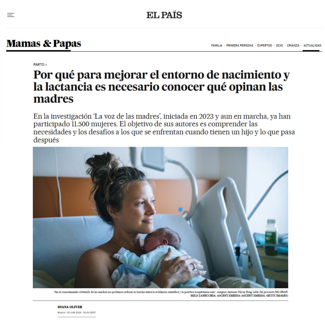 ¡Nuevo artículo de <a href="/Diana_Oliver/">Diana Oliver</a> en <a href="/elpais_espana/">EL PAÍS España</a>, esta vez sobre el proyecto MC-IHAN!
Artículo completo aquí elpais.com/mamas-papas/ac….
Estamos creando un 'mapa de calidad' sobre la atención al nacimiento en España. Comparte tu experiencia aquí tinyurl.com/MCIHAN-UAX