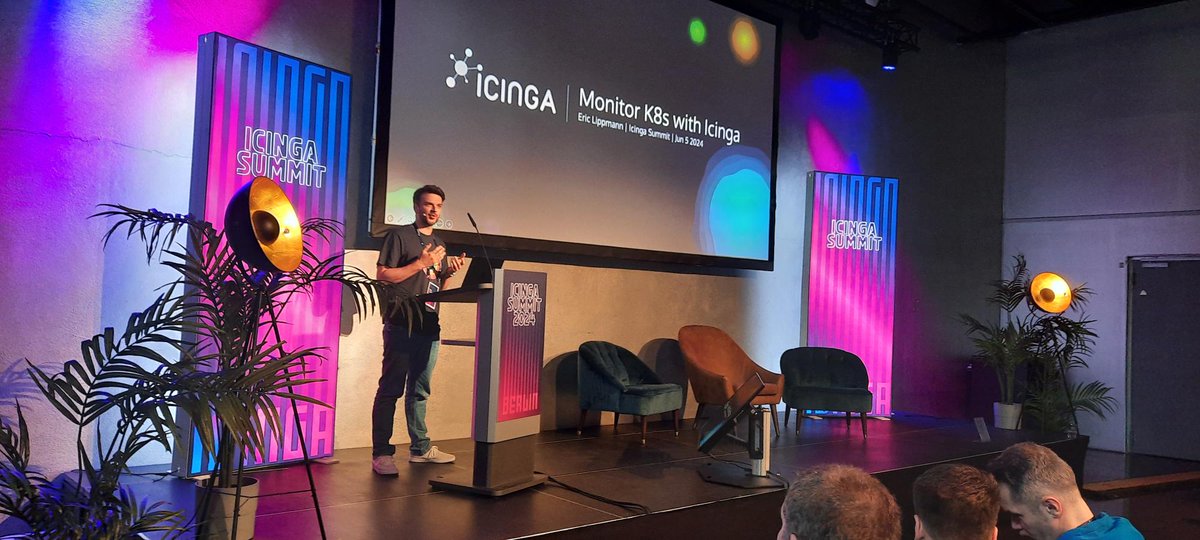 icinga's tweet photo. Final talk of the day: Eric shows our progress in monitoring Kubernetes with Icinga! We've put lots of work into this new module, showing the brand new features is just awesome! #IcingaSummit https://t.co/q7ROFABCpo