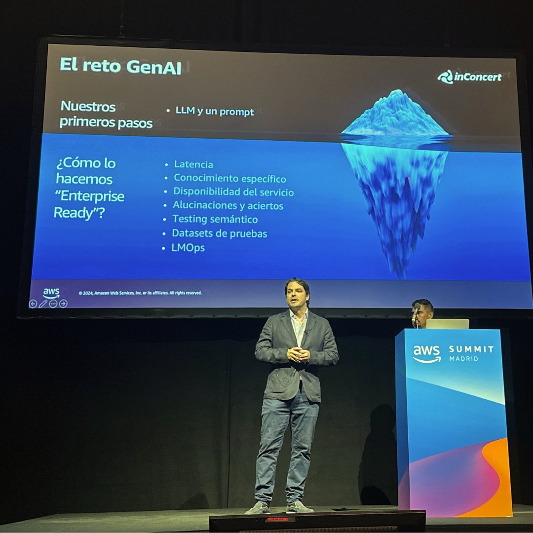 InconcertCX's tweet photo. ¡Hoy estuvimos en #AWSSummit Madrid! Mauricio Lázaro compartió nuestra experiencia y principales retos de introducir #GenAI en una sesión conjunto con Ezequiel Lionel Ballesteros. ¡Gracias por la invitación! https://t.co/h83OYCkbJM
