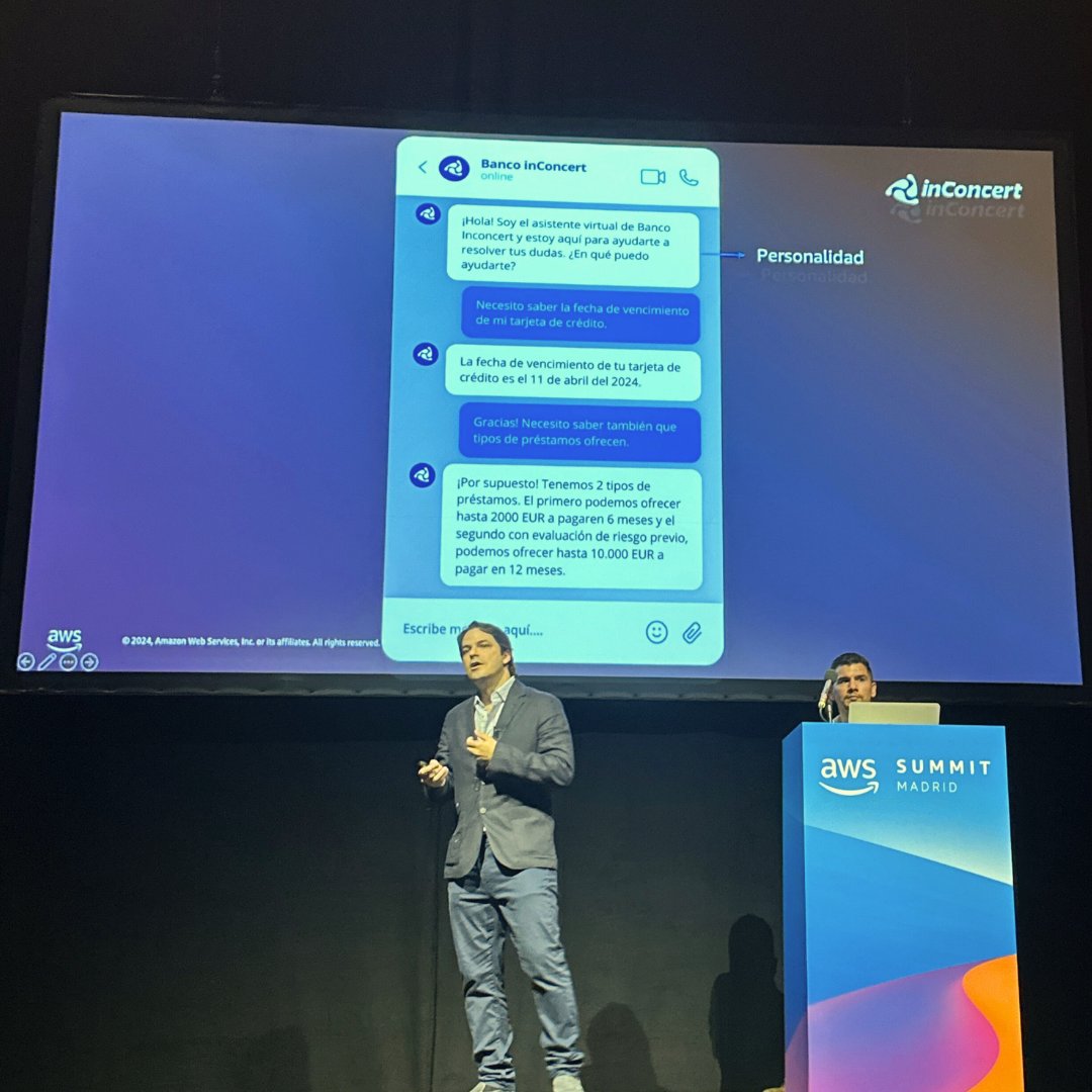 InconcertCX's tweet photo. ¡Hoy estuvimos en #AWSSummit Madrid! Mauricio Lázaro compartió nuestra experiencia y principales retos de introducir #GenAI en una sesión conjunto con Ezequiel Lionel Ballesteros. ¡Gracias por la invitación! https://t.co/h83OYCkbJM