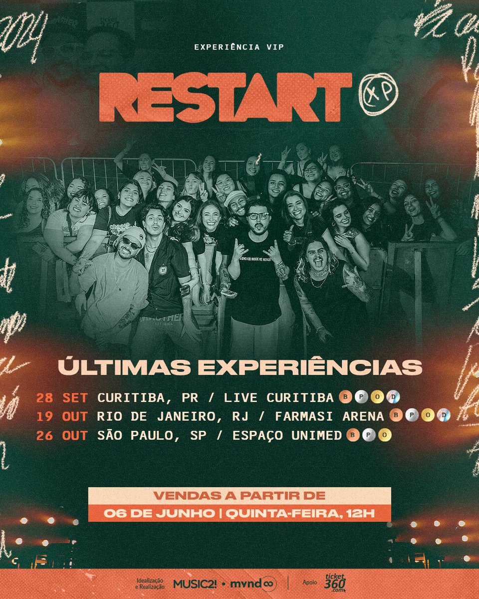 banda_restart's tweet photo. São nossas últimas experiências da #PraVocêLembrarTour. Qual xp vamos viver juntos? 🫶

VENDAS ABERTAS AMANHÃ: 06/06 às 12h

Curitiba: Bronze, prata, ouro e diamante.
Rio de Janeiro: Bronze, prata ouro e diamante.
São Paulo: Bronze, prata e ouro. https://t.co/QfsMFWY22u