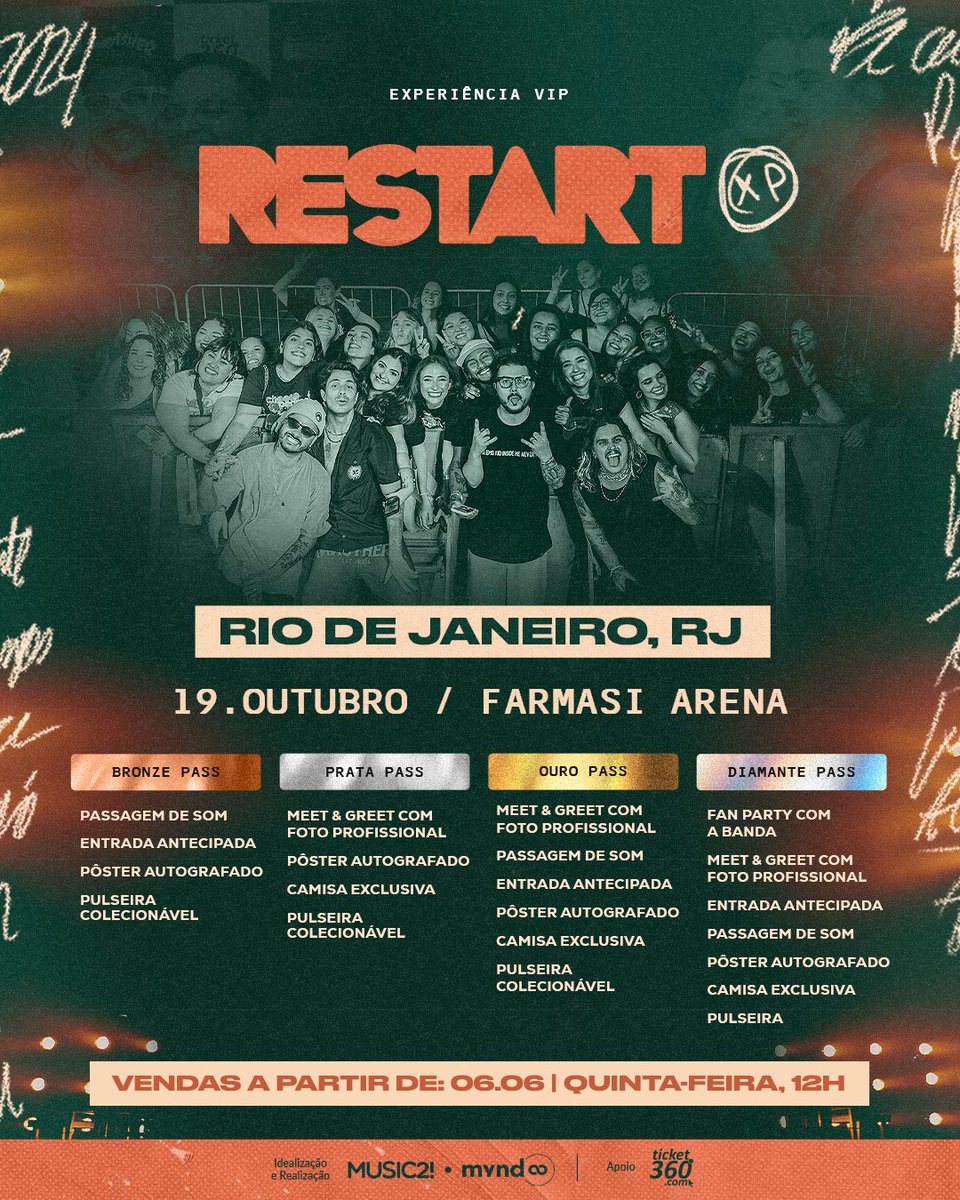 banda_restart's tweet photo. São nossas últimas experiências da #PraVocêLembrarTour. Qual xp vamos viver juntos? 🫶

VENDAS ABERTAS AMANHÃ: 06/06 às 12h

Curitiba: Bronze, prata, ouro e diamante.
Rio de Janeiro: Bronze, prata ouro e diamante.
São Paulo: Bronze, prata e ouro. https://t.co/QfsMFWY22u