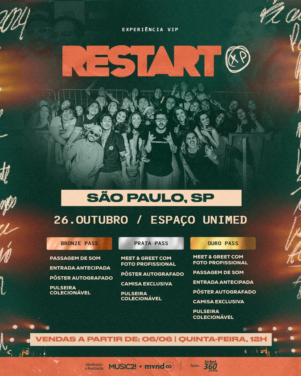 banda_restart's tweet photo. São nossas últimas experiências da #PraVocêLembrarTour. Qual xp vamos viver juntos? 🫶

VENDAS ABERTAS AMANHÃ: 06/06 às 12h

Curitiba: Bronze, prata, ouro e diamante.
Rio de Janeiro: Bronze, prata ouro e diamante.
São Paulo: Bronze, prata e ouro. https://t.co/QfsMFWY22u