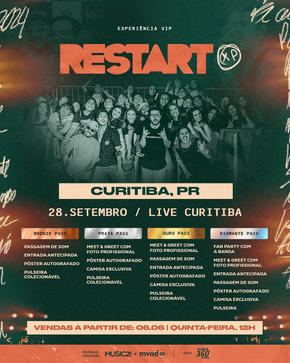 banda_restart's tweet photo. São nossas últimas experiências da #PraVocêLembrarTour. Qual xp vamos viver juntos? 🫶

VENDAS ABERTAS AMANHÃ: 06/06 às 12h

Curitiba: Bronze, prata, ouro e diamante.
Rio de Janeiro: Bronze, prata ouro e diamante.
São Paulo: Bronze, prata e ouro. https://t.co/QfsMFWY22u